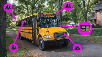 School bus with Eagle View 360 camera placement callouts