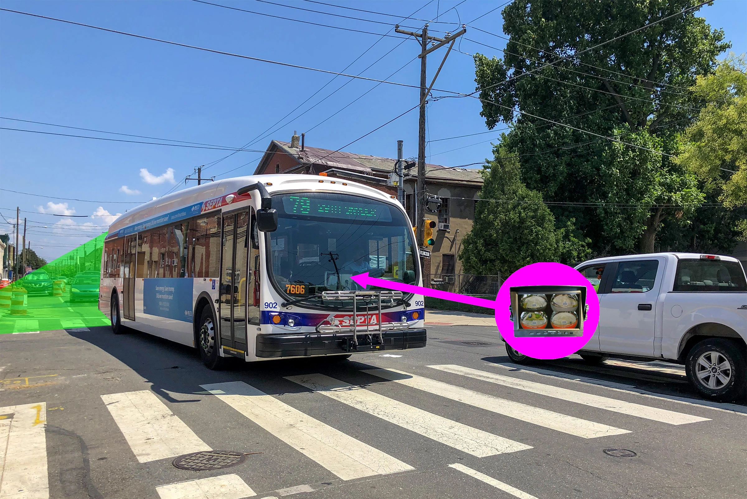 Transit vehicle rear camera display coverage