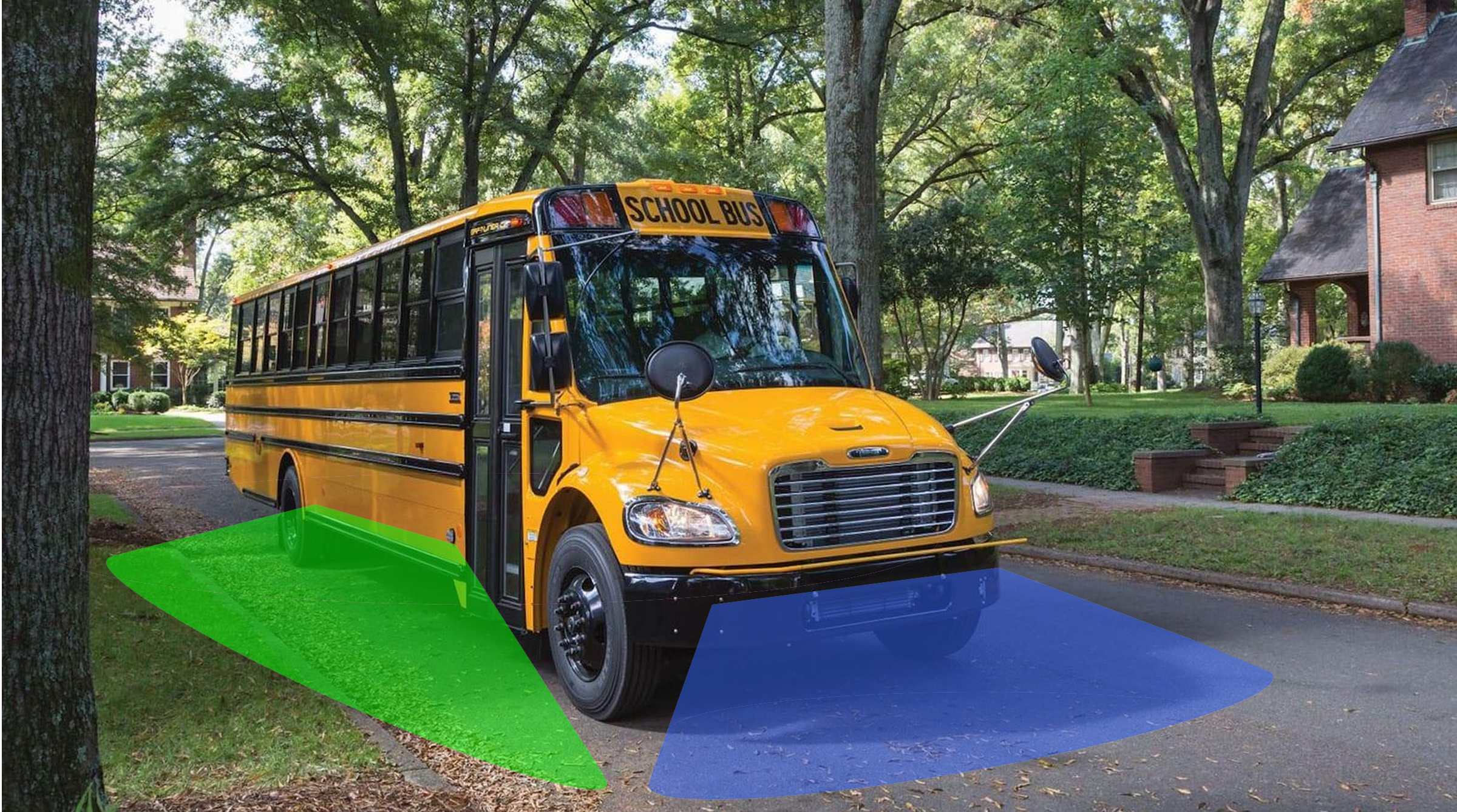 School bus with front and side object detection zones