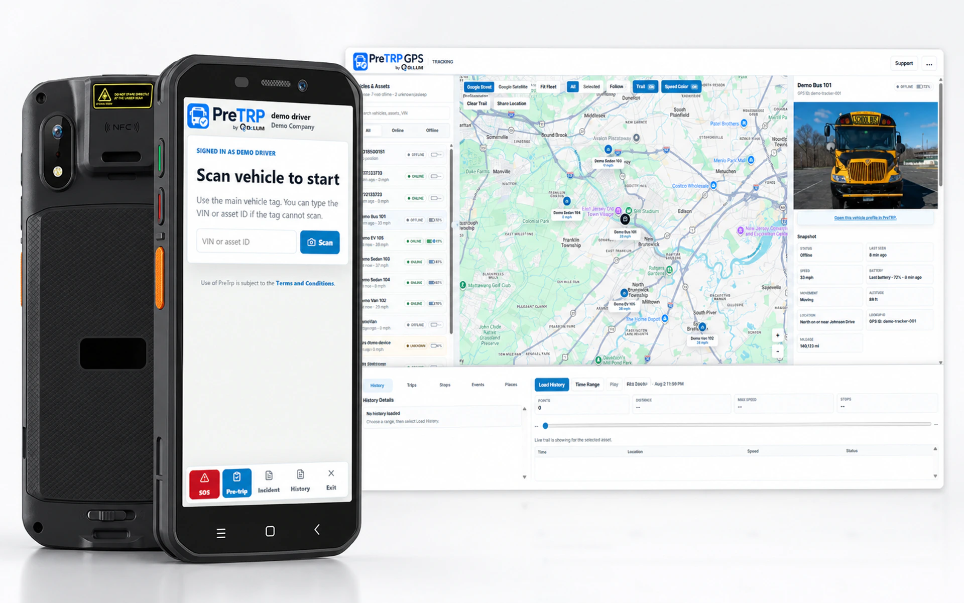 PreTRP handheld inspection start screen with connected GPS fleet dashboard
