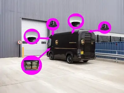 Cargo vehicle with camera placement diagrams