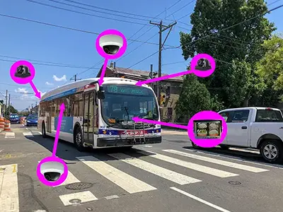 Transit bus with interior and exterior camera placement diagrams