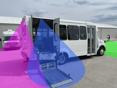 White shuttle bus with exterior camera coverage diagram